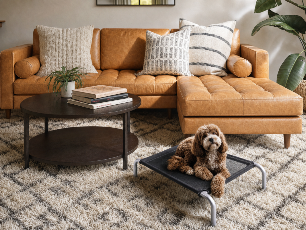 Curly-haired brown dog lying on an elevated dog bed in a modern living room with a tan sofa and coffee table.