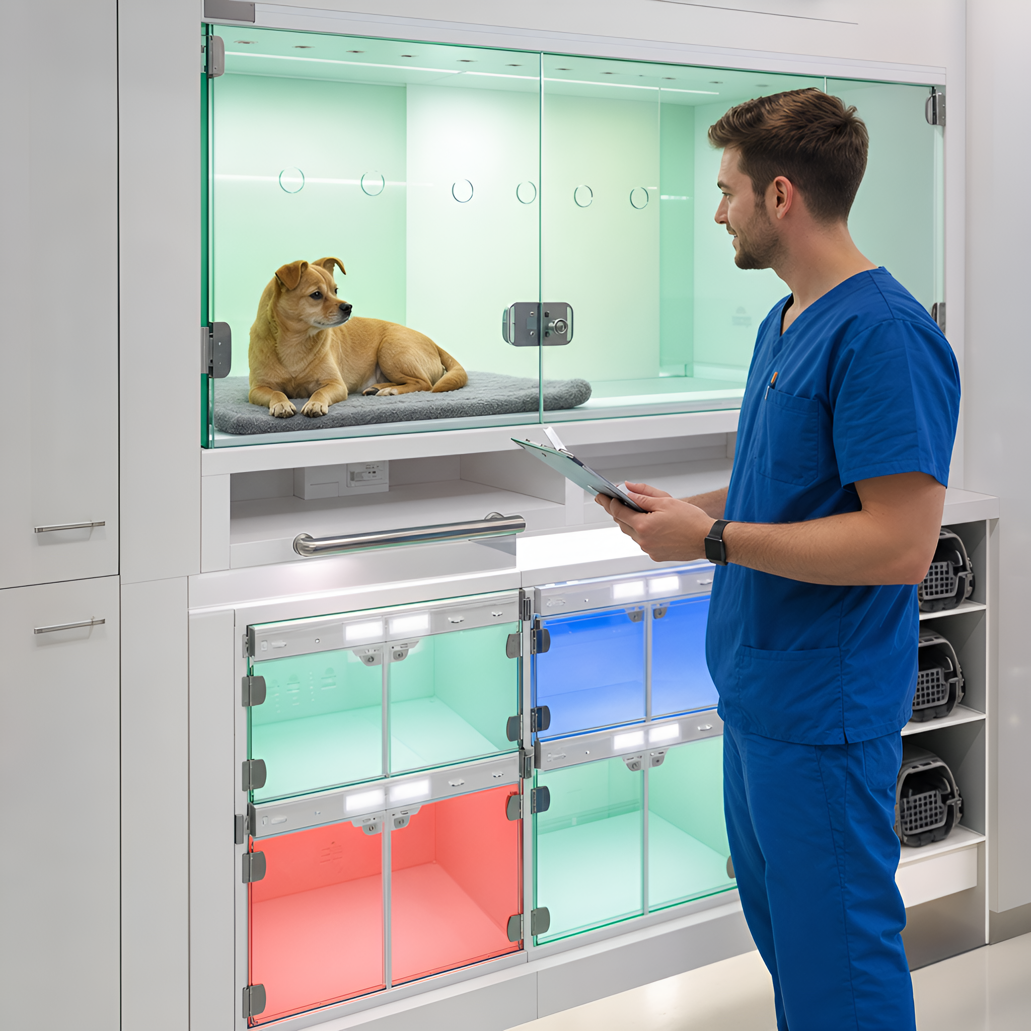 Small dog resting on soft vet fleece vetbed inside a glass-fronted veterinary kennel in a modern animal clinic, with a veterinary nurse nearby in a clean professional recovery area.