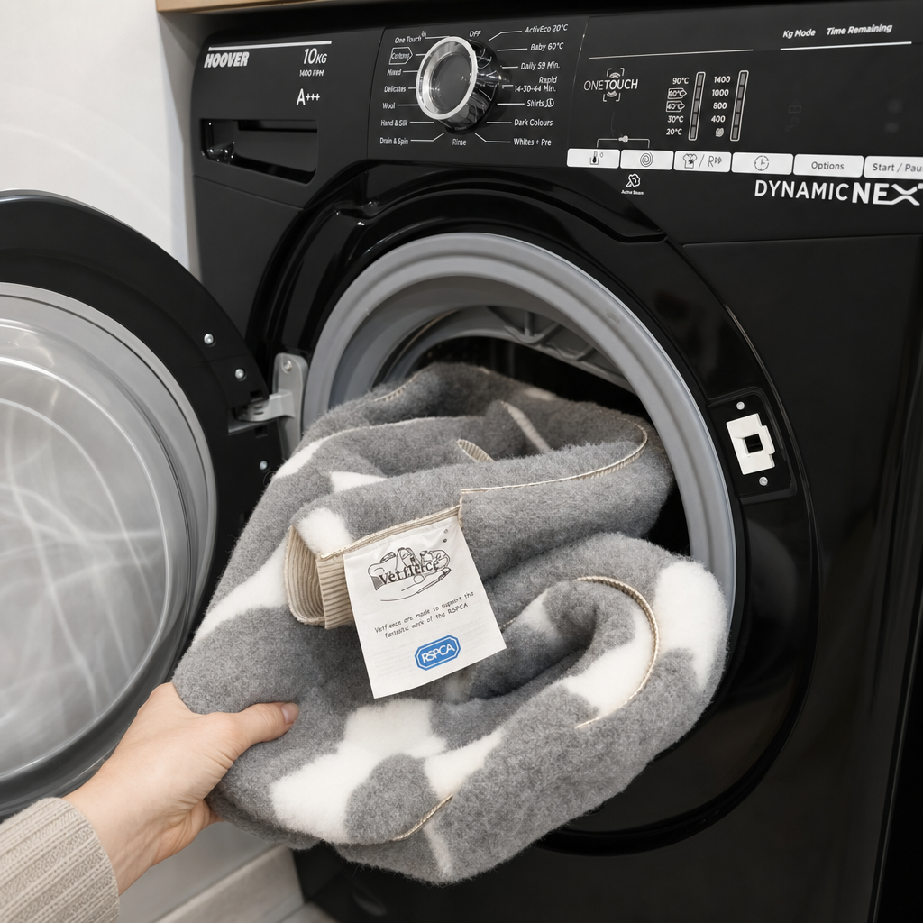 A piece of grey and white Vetfleece veterinary grade dog bedding being placed into a washing machine for easy cleaning.