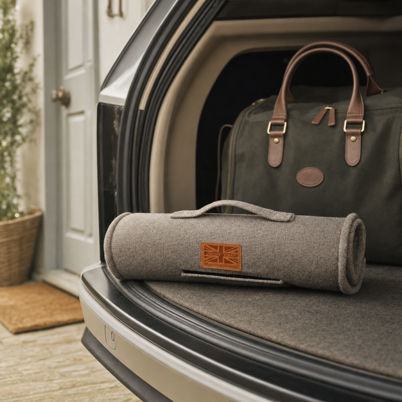 Jenny Wren wool dog mat used in the car for travel comfort