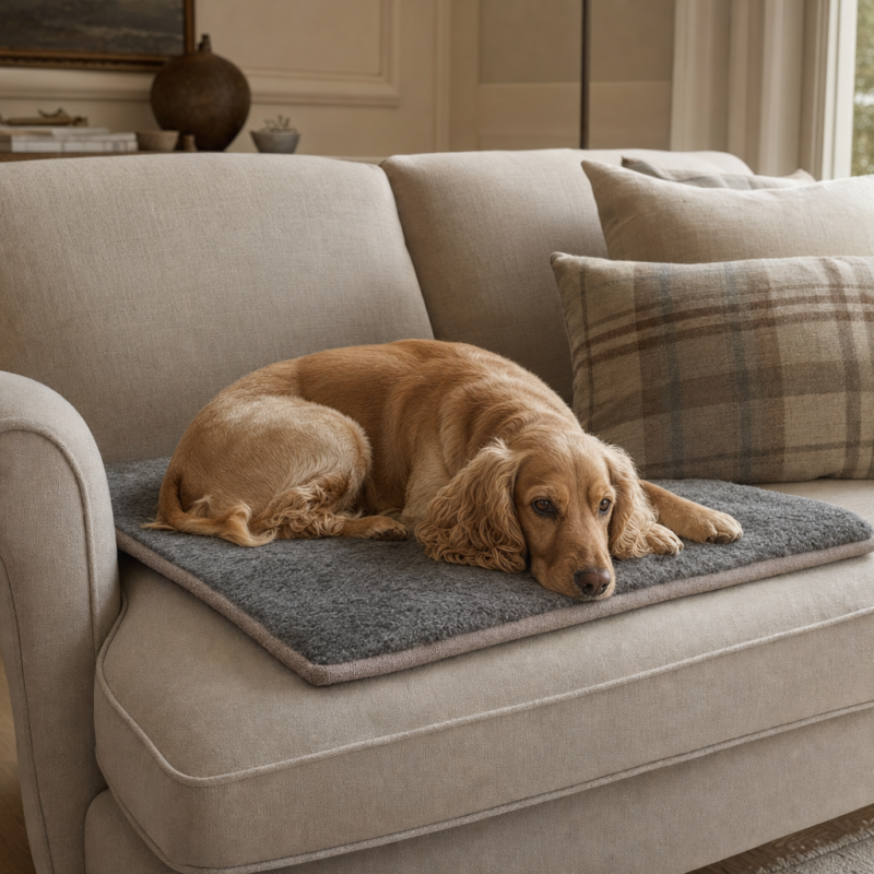 Jenny Wren wool dog mat on sofa with dog resting