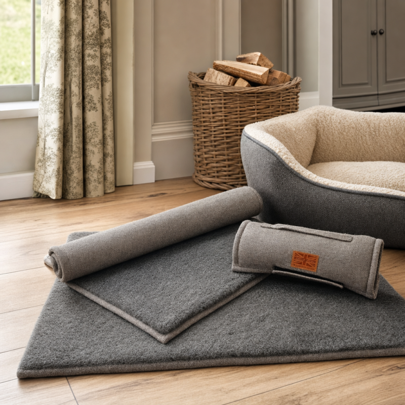 Luxury Jenny Wren wool dog mat used at home
