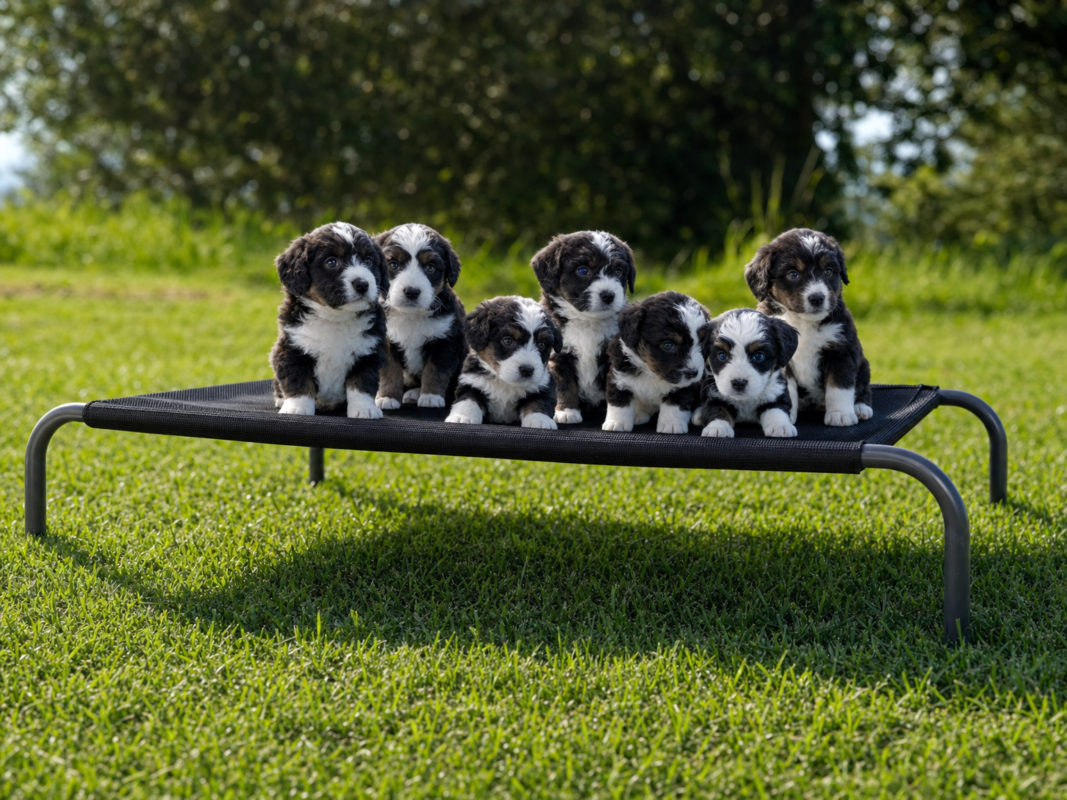 Seven black and white puppies sitting together on an AK-9 hi raised dog bed on green grass outdoors.